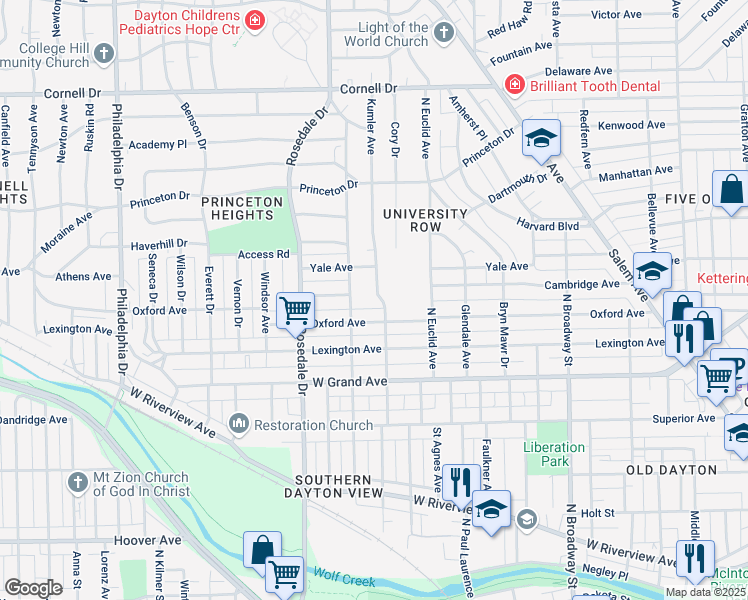 map of restaurants, bars, coffee shops, grocery stores, and more near 1221 Kumler Avenue in Dayton
