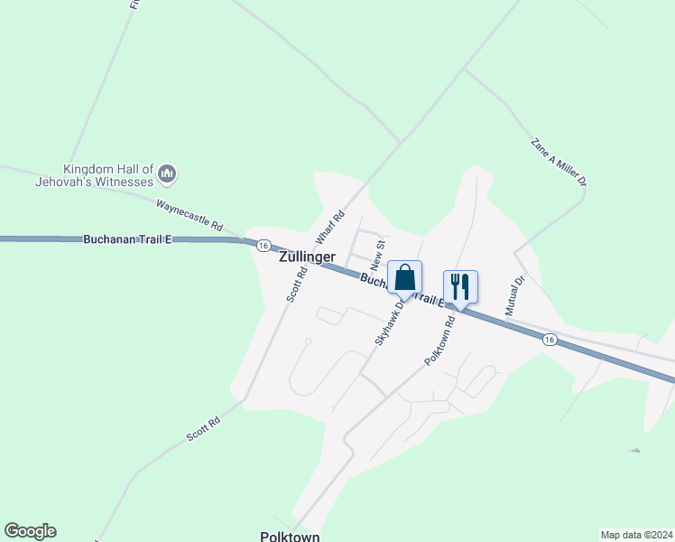 map of restaurants, bars, coffee shops, grocery stores, and more near 4590 Buchanan Trail East in Waynesboro