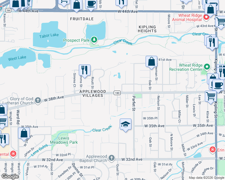 map of restaurants, bars, coffee shops, grocery stores, and more near 3815 Quail Court in Wheat Ridge