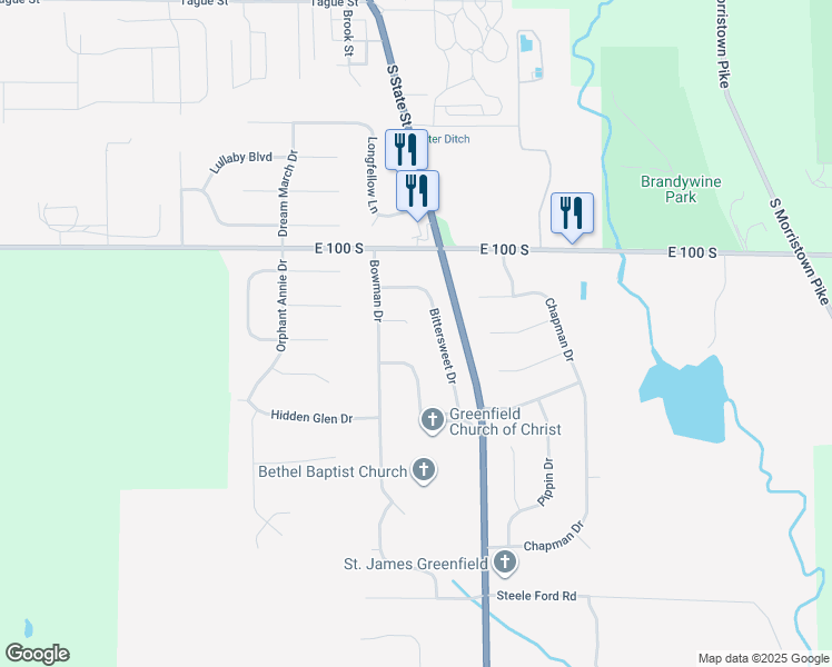 map of restaurants, bars, coffee shops, grocery stores, and more near 21 Bowman Court in Greenfield