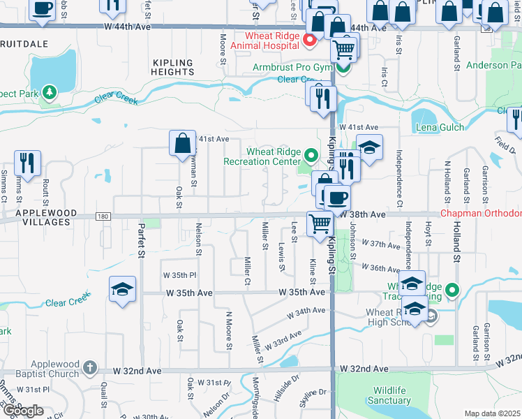map of restaurants, bars, coffee shops, grocery stores, and more near 3815 Miller Street in Wheat Ridge