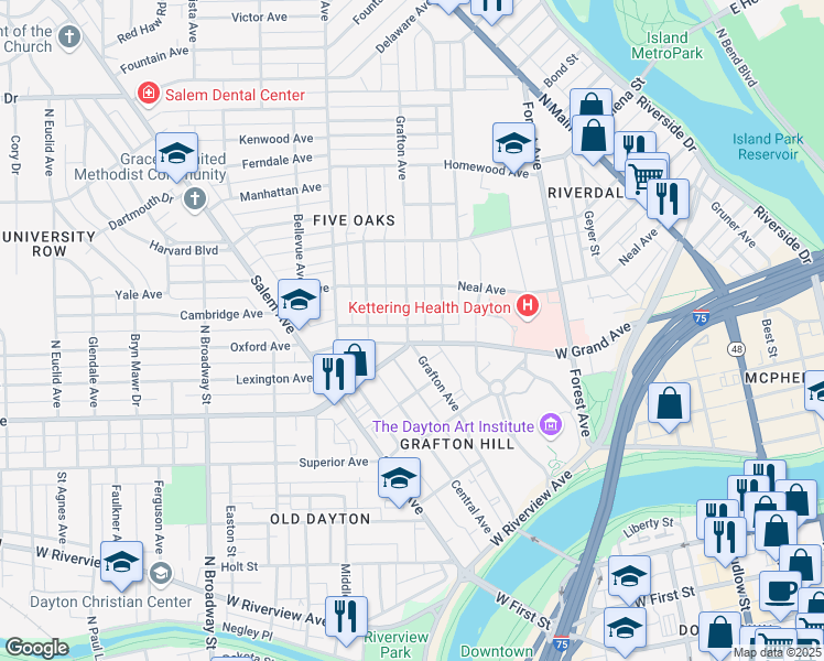 map of restaurants, bars, coffee shops, grocery stores, and more near 410 Grafton Avenue in Dayton