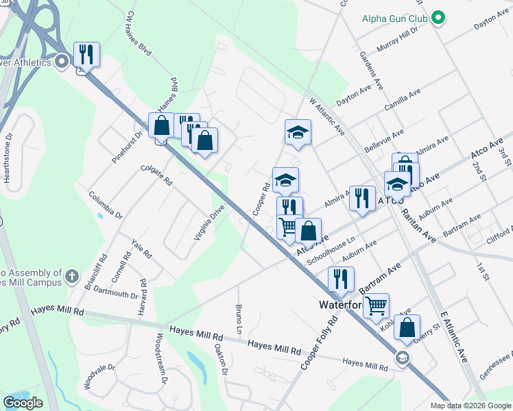 map of restaurants, bars, coffee shops, grocery stores, and more near 2107 Cooper Road in Waterford