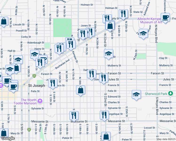 map of restaurants, bars, coffee shops, grocery stores, and more near 415 North 19th Street in Saint Joseph