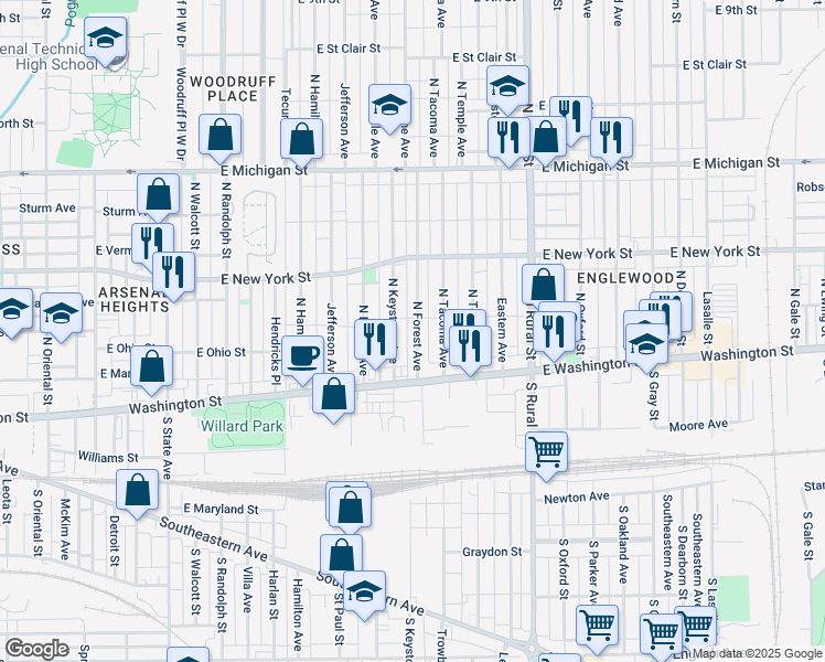 map of restaurants, bars, coffee shops, grocery stores, and more near 52 North Forest Avenue in Indianapolis