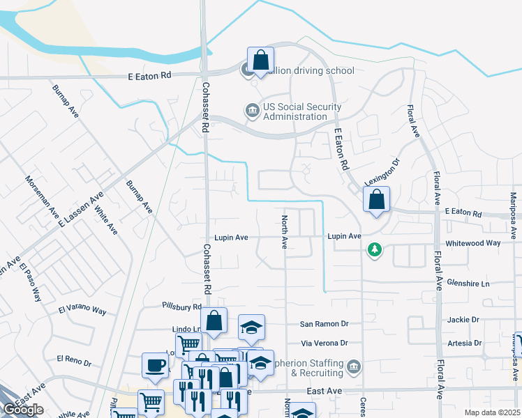 map of restaurants, bars, coffee shops, grocery stores, and more near 2948 San Verbena Way in Chico