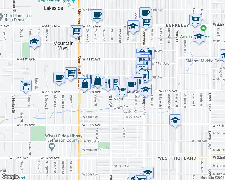 map of restaurants, bars, coffee shops, grocery stores, and more near 4755 West 38th Avenue in Denver
