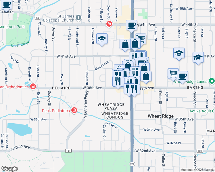 map of restaurants, bars, coffee shops, grocery stores, and more near 3801 Allison Street in Wheat Ridge