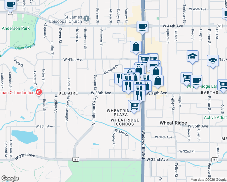 map of restaurants, bars, coffee shops, grocery stores, and more near 3801 Allison Street in Wheat Ridge