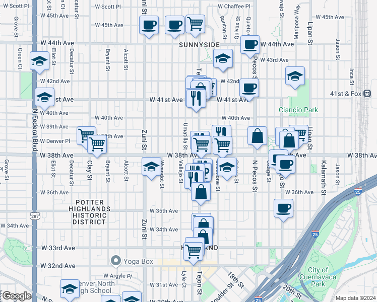map of restaurants, bars, coffee shops, grocery stores, and more near 3810 Umatilla Street in Denver