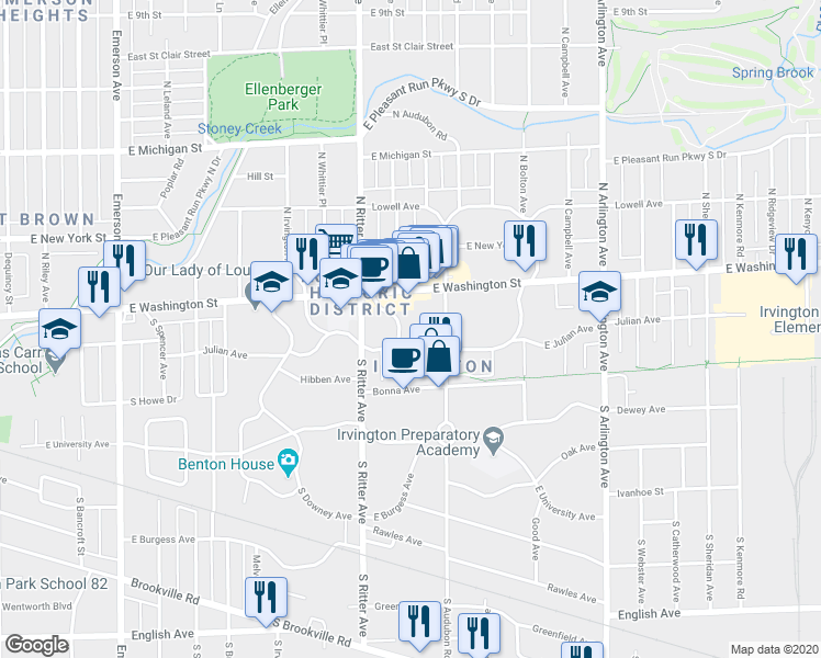 map of restaurants, bars, coffee shops, grocery stores, and more near 47 Johnson Avenue in Indianapolis