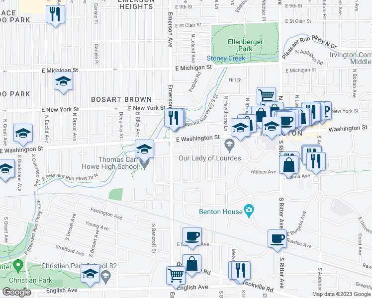 map of restaurants, bars, coffee shops, grocery stores, and more near 24 S Spencer Ave in Indianapolis