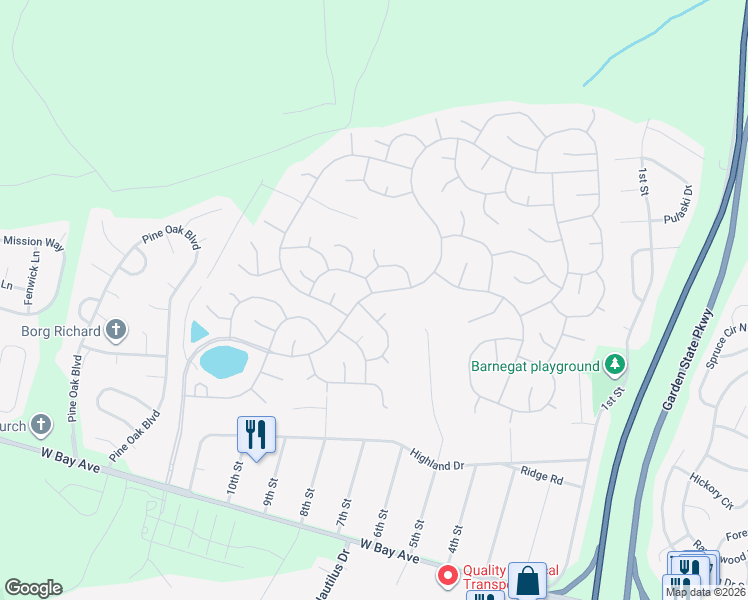 map of restaurants, bars, coffee shops, grocery stores, and more near 104 Mirage Boulevard in Barnegat Township