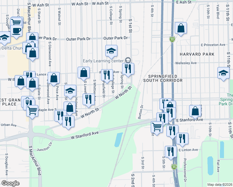 map of restaurants, bars, coffee shops, grocery stores, and more near 2740 South College Street in Springfield