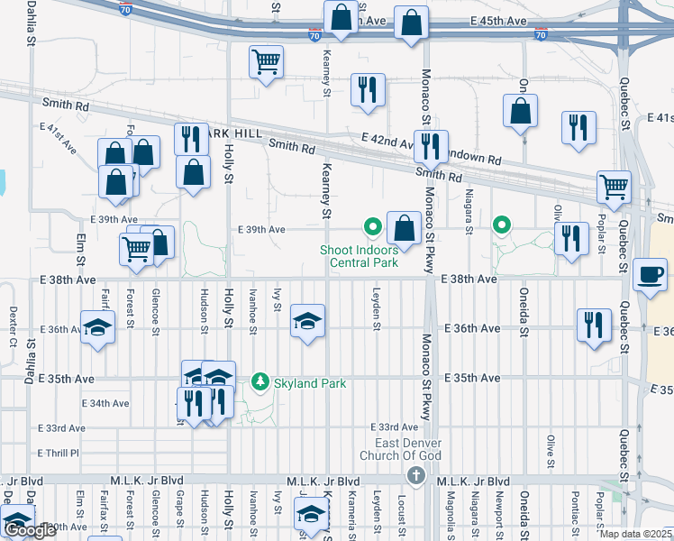 map of restaurants, bars, coffee shops, grocery stores, and more near 6101 38th Avenue in Denver