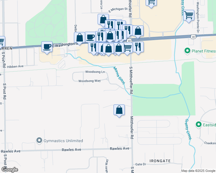 map of restaurants, bars, coffee shops, grocery stores, and more near 9820 Legends Creek Drive in Indianapolis