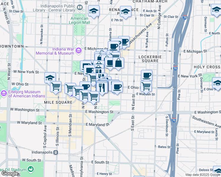 map of restaurants, bars, coffee shops, grocery stores, and more near 151n North Alabama Street in Indianapolis
