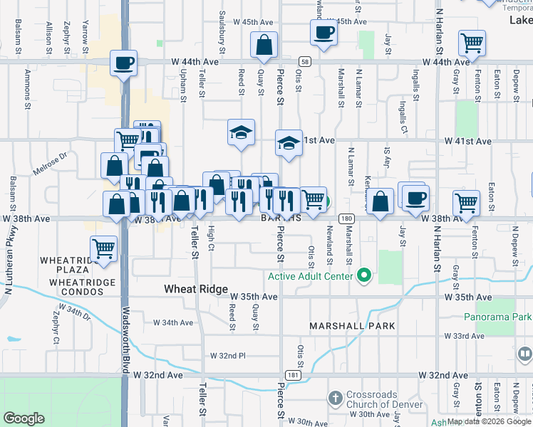 map of restaurants, bars, coffee shops, grocery stores, and more near 6808 West 38th Avenue in Wheat Ridge