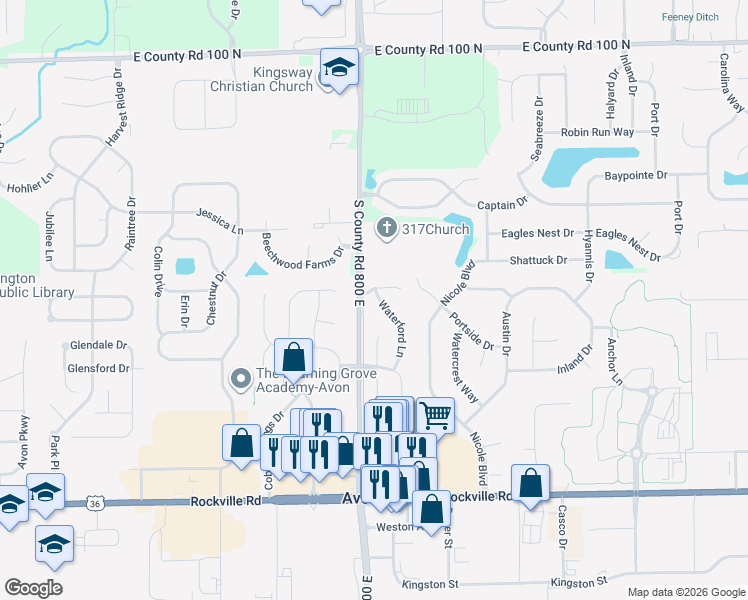 map of restaurants, bars, coffee shops, grocery stores, and more near 438 Waterford Lane in Avon