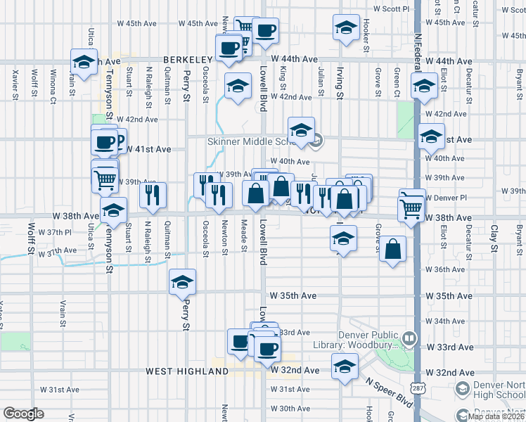 map of restaurants, bars, coffee shops, grocery stores, and more near 3598 West 38th Avenue in Denver