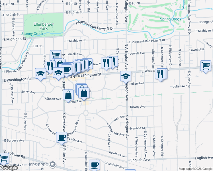 map of restaurants, bars, coffee shops, grocery stores, and more near 51 South Bolton Avenue in Indianapolis