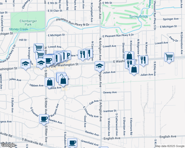 map of restaurants, bars, coffee shops, grocery stores, and more near 5910 Julian Avenue in Indianapolis