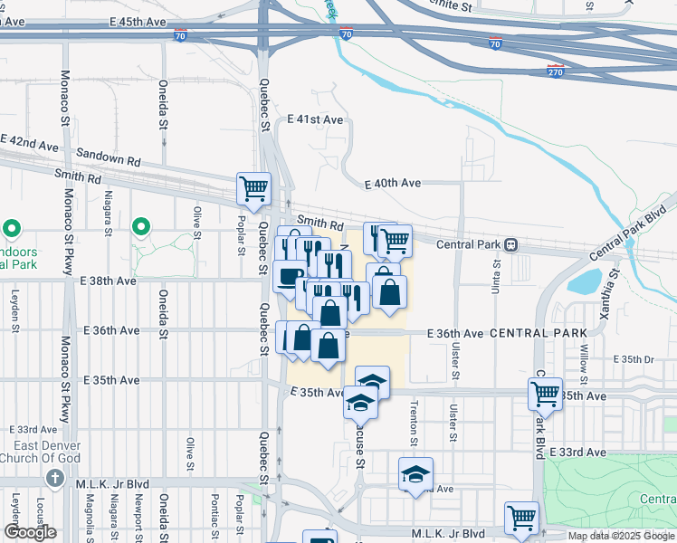 map of restaurants, bars, coffee shops, grocery stores, and more near 3890 Quebec Street in Denver