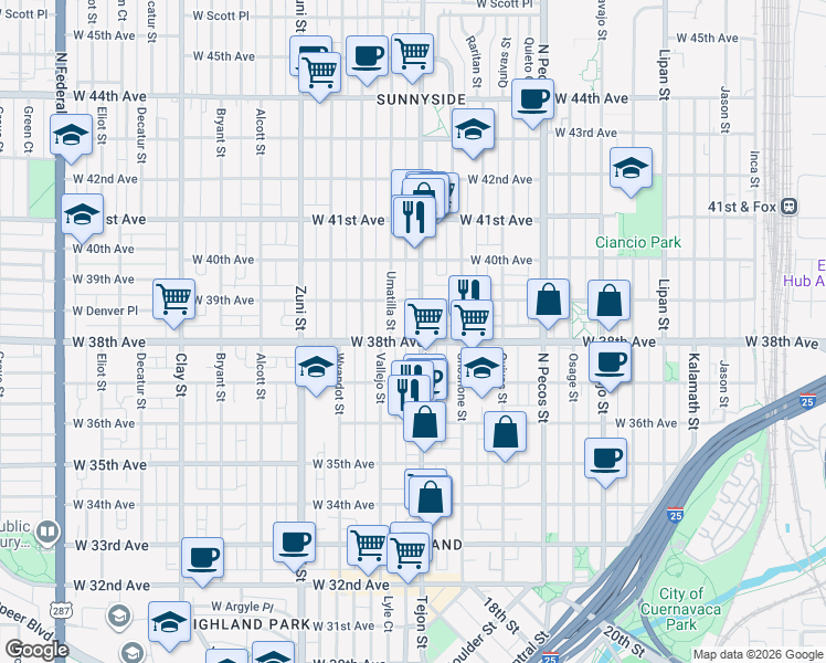 map of restaurants, bars, coffee shops, grocery stores, and more near 3810 Umatilla Street in Denver