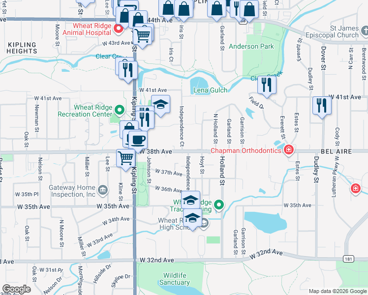 map of restaurants, bars, coffee shops, grocery stores, and more near 9605 West 38th Avenue in Wheat Ridge