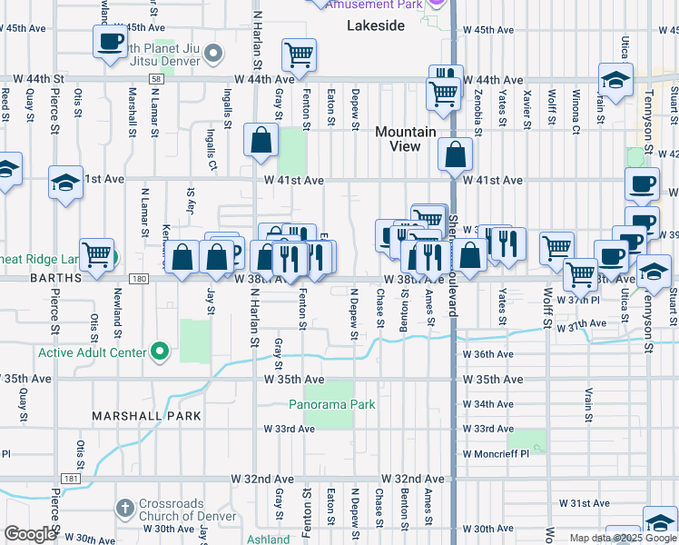map of restaurants, bars, coffee shops, grocery stores, and more near 5667 West 38th Avenue in Wheat Ridge