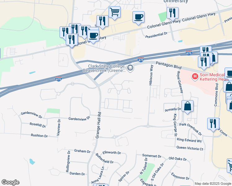 map of restaurants, bars, coffee shops, grocery stores, and more near 2701 Monterey Circle in Dayton