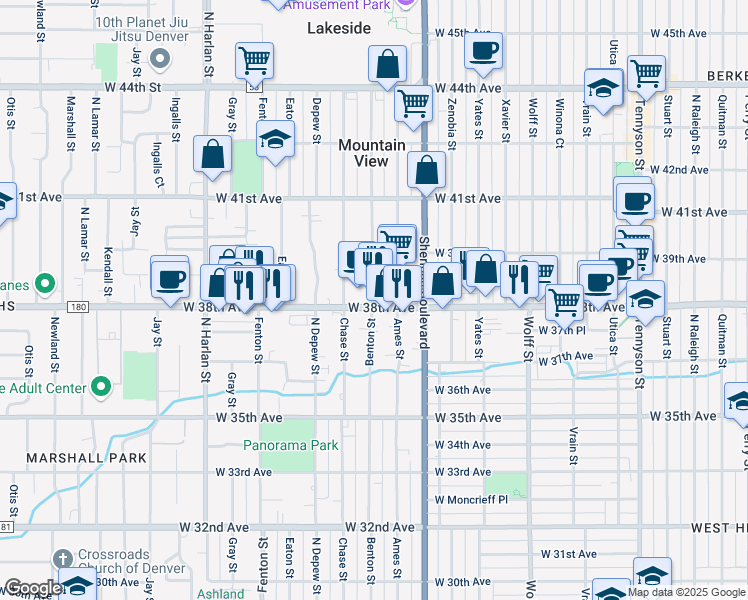 map of restaurants, bars, coffee shops, grocery stores, and more near 5397 West 38th Avenue in Wheat Ridge