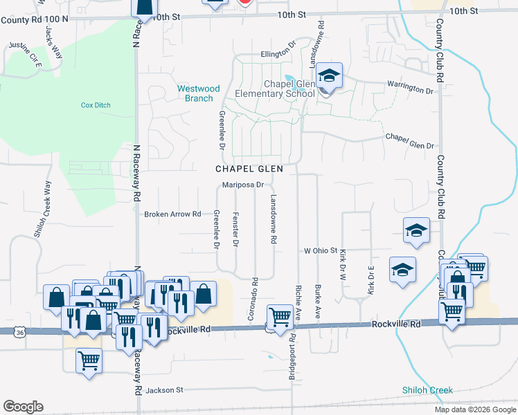 map of restaurants, bars, coffee shops, grocery stores, and more near 282 Lansdowne Road in Indianapolis