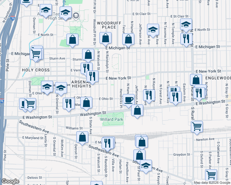 map of restaurants, bars, coffee shops, grocery stores, and more near 221 East Parkview Avenue in Indianapolis