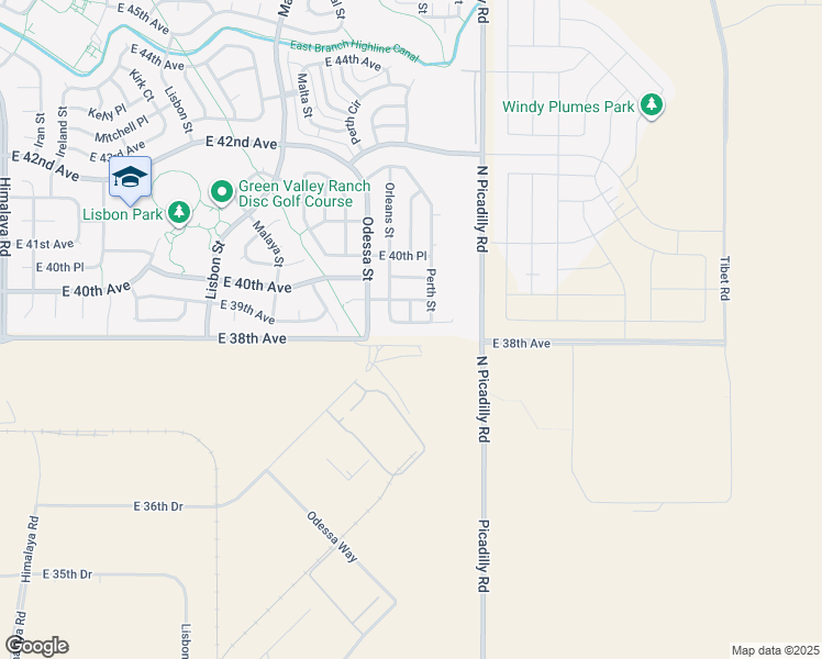 map of restaurants, bars, coffee shops, grocery stores, and more near 21558 East 38th Place in Denver