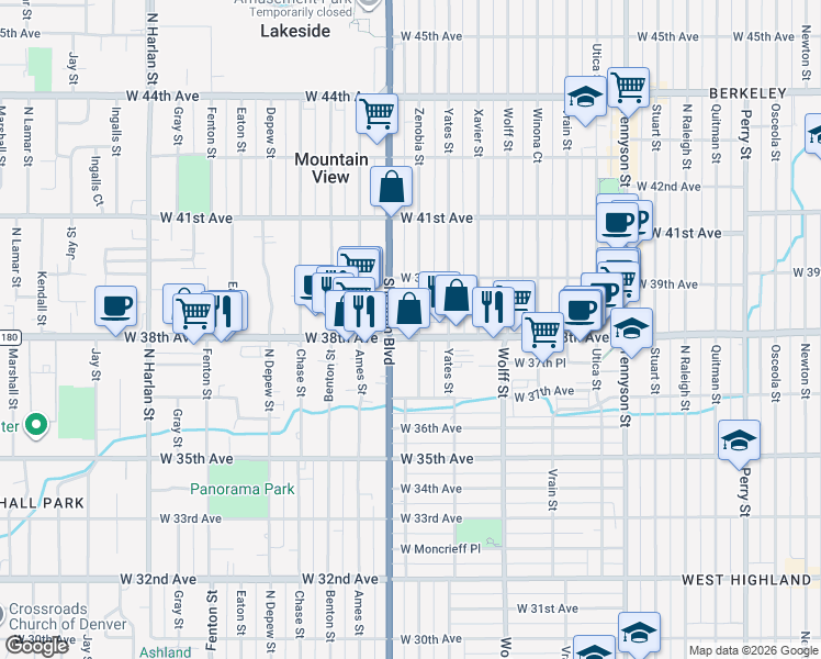 map of restaurants, bars, coffee shops, grocery stores, and more near 5119 West 38th Avenue in Denver