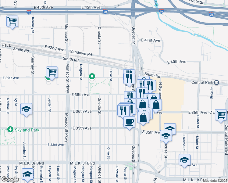 map of restaurants, bars, coffee shops, grocery stores, and more near 7045 38th Avenue in Denver