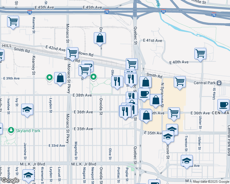 map of restaurants, bars, coffee shops, grocery stores, and more near 7048 38th Avenue in Denver