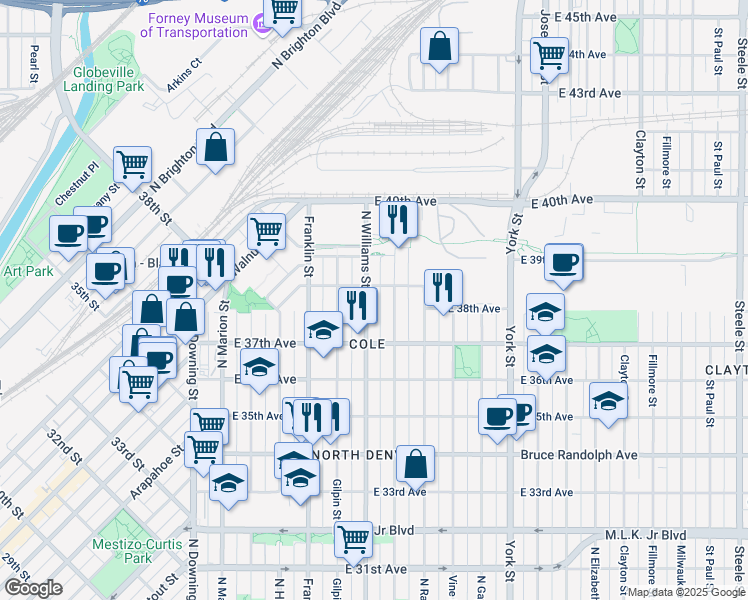 map of restaurants, bars, coffee shops, grocery stores, and more near in Denver