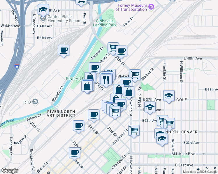 map of restaurants, bars, coffee shops, grocery stores, and more near 3505 Blake Street in Denver
