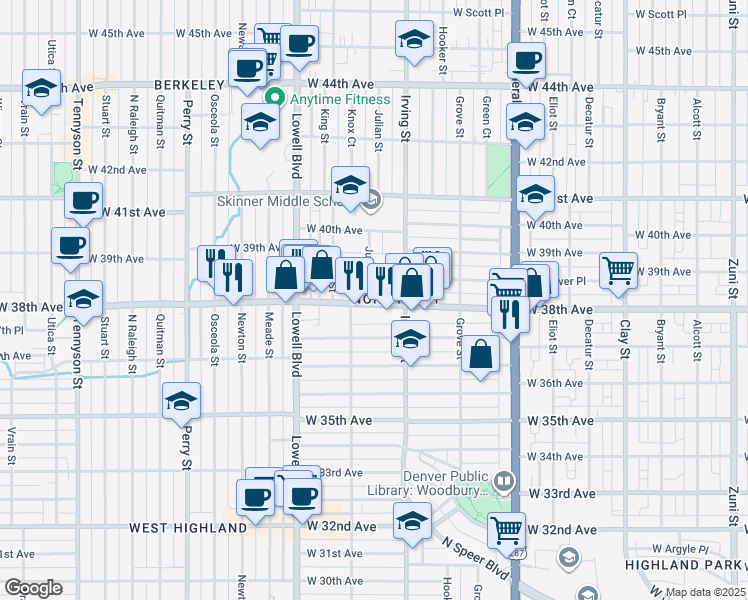 map of restaurants, bars, coffee shops, grocery stores, and more near 3355 West 38th Avenue in Denver