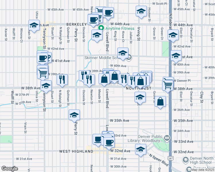 map of restaurants, bars, coffee shops, grocery stores, and more near 3598 West 38th Avenue in Denver