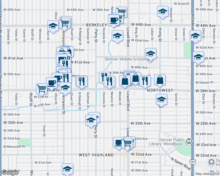 map of restaurants, bars, coffee shops, grocery stores, and more near 3838 West 38th Avenue in Denver