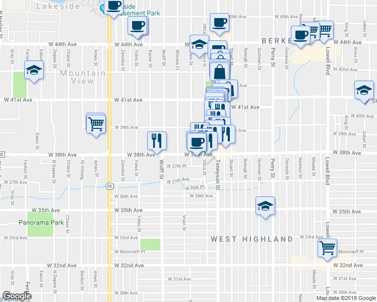 map of restaurants, bars, coffee shops, grocery stores, and more near 4601 West 38th Avenue in Denver