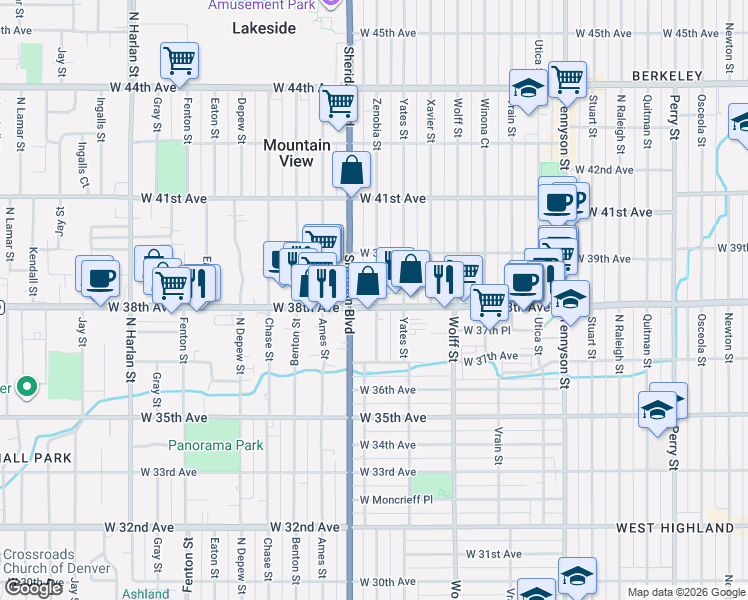 map of restaurants, bars, coffee shops, grocery stores, and more near 5119 West 38th Avenue in Denver