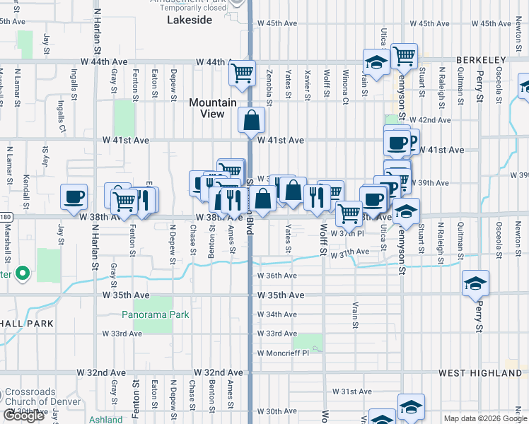 map of restaurants, bars, coffee shops, grocery stores, and more near 5119 West 38th Avenue in Denver