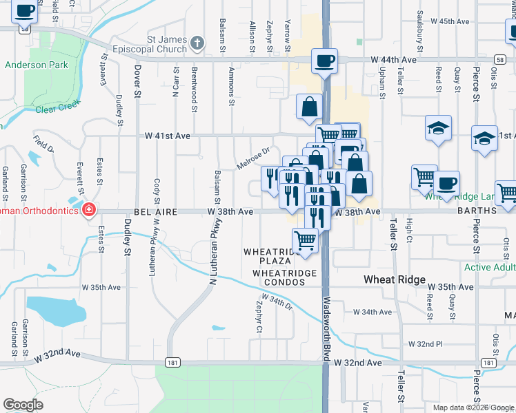 map of restaurants, bars, coffee shops, grocery stores, and more near 3801 Allison Street in Wheat Ridge