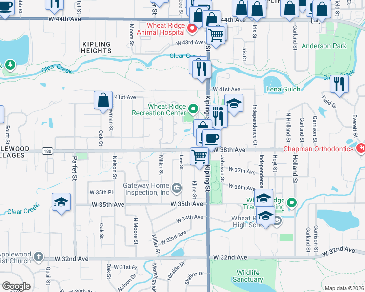 map of restaurants, bars, coffee shops, grocery stores, and more near 10241 West 38th Avenue in Wheat Ridge