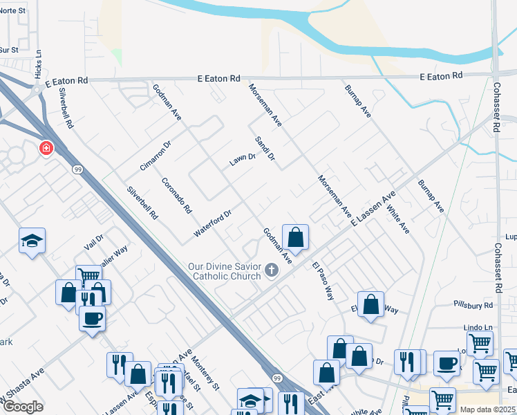 map of restaurants, bars, coffee shops, grocery stores, and more near 8a San Gabriel Drive in Chico