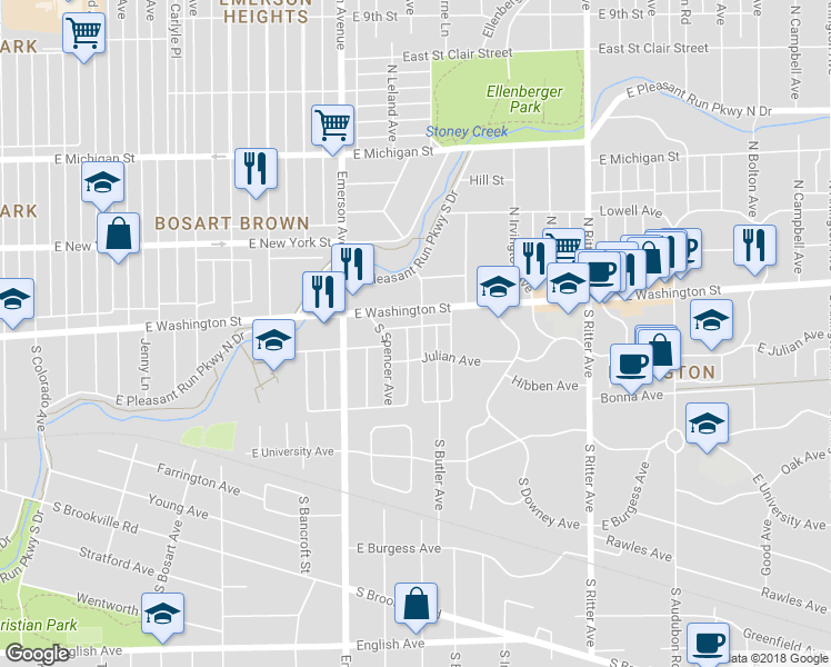 map of restaurants, bars, coffee shops, grocery stores, and more near 32 South Butler Avenue in Indianapolis